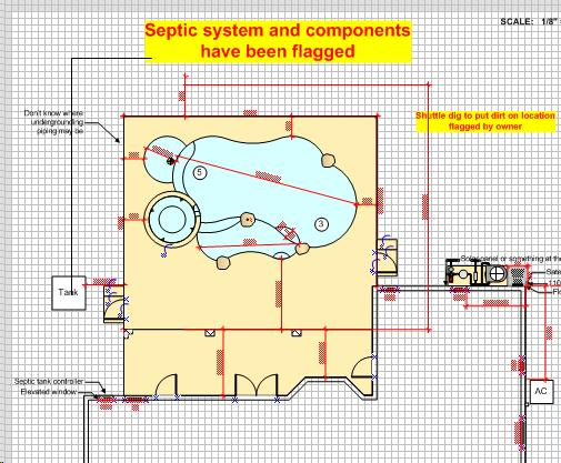 PoolDraw site plan: freeform pool and spa layout against the residence with setbacks, utilities, and flagged septic components